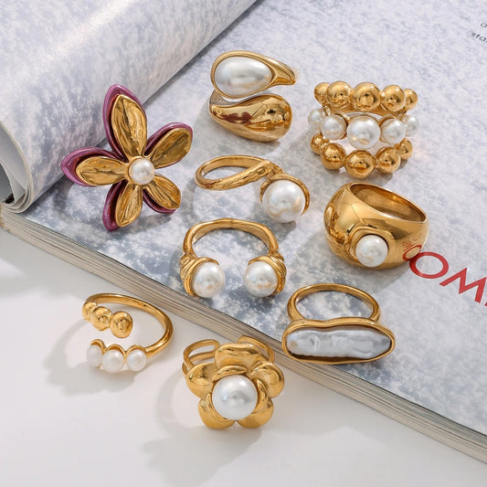 Gold Color Plated Stainless Steel Flower Pearl Ring Irregular Opposite Sex Pearls Stackable Ring Women's Jewelry Part