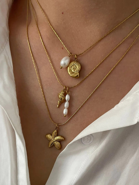 Waterproof Beach Party Holiday Jewelry Natural Freshwater Pearl Conch Starfish Pendant Necklace Women Trendy Accessory