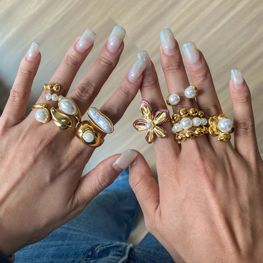Gold Color Plated Stainless Steel Flower Pearl Ring Irregular Opposite Sex Pearls Stackable Ring Women's Jewelry Part