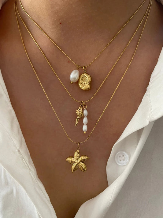 Waterproof Beach Party Holiday Jewelry Natural Freshwater Pearl Conch Starfish Pendant Necklace Women Trendy Accessory